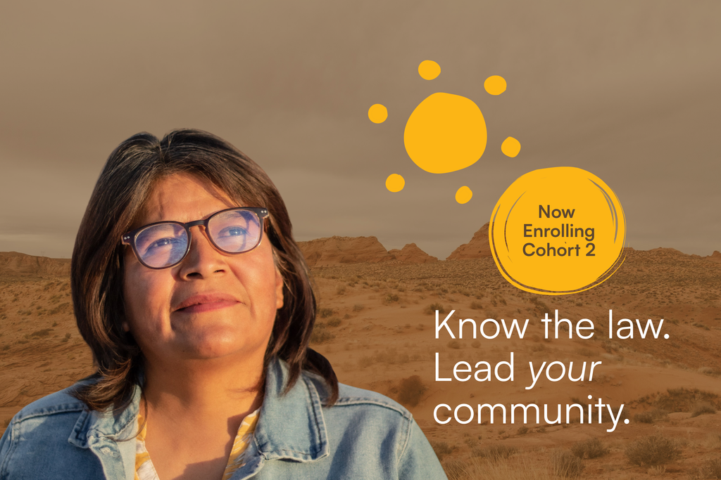 Know the law. Lead your community. Graphic with woman and desert landscape. 